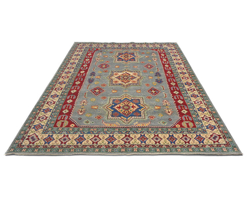 8x10 Gray Kuba Afghan Hand Knotted Wool Area Rug